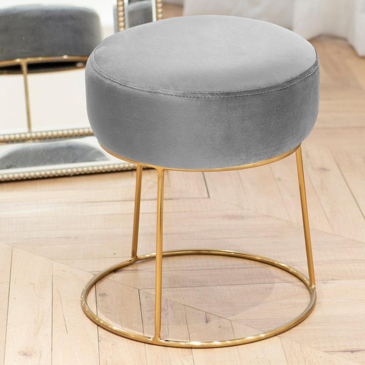 Velvet Round Ottoman Footstool Footrest With Gold Metal Stand - Grey – image 2