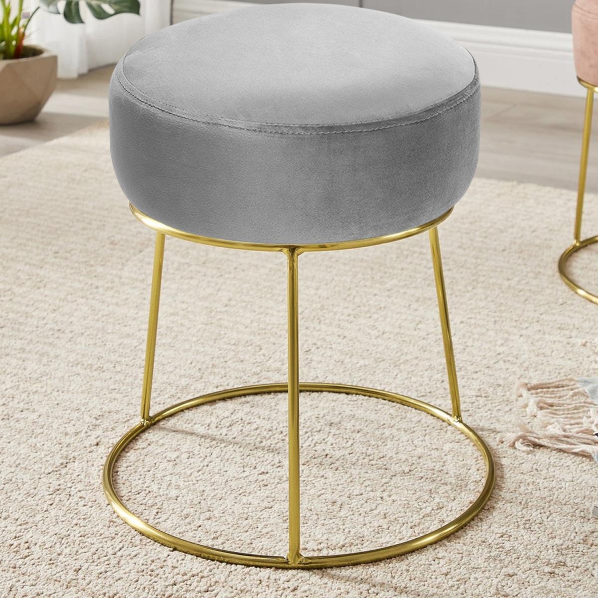 Velvet Round Ottoman Footstool Footrest With Gold Metal Stand - Grey – image 3
