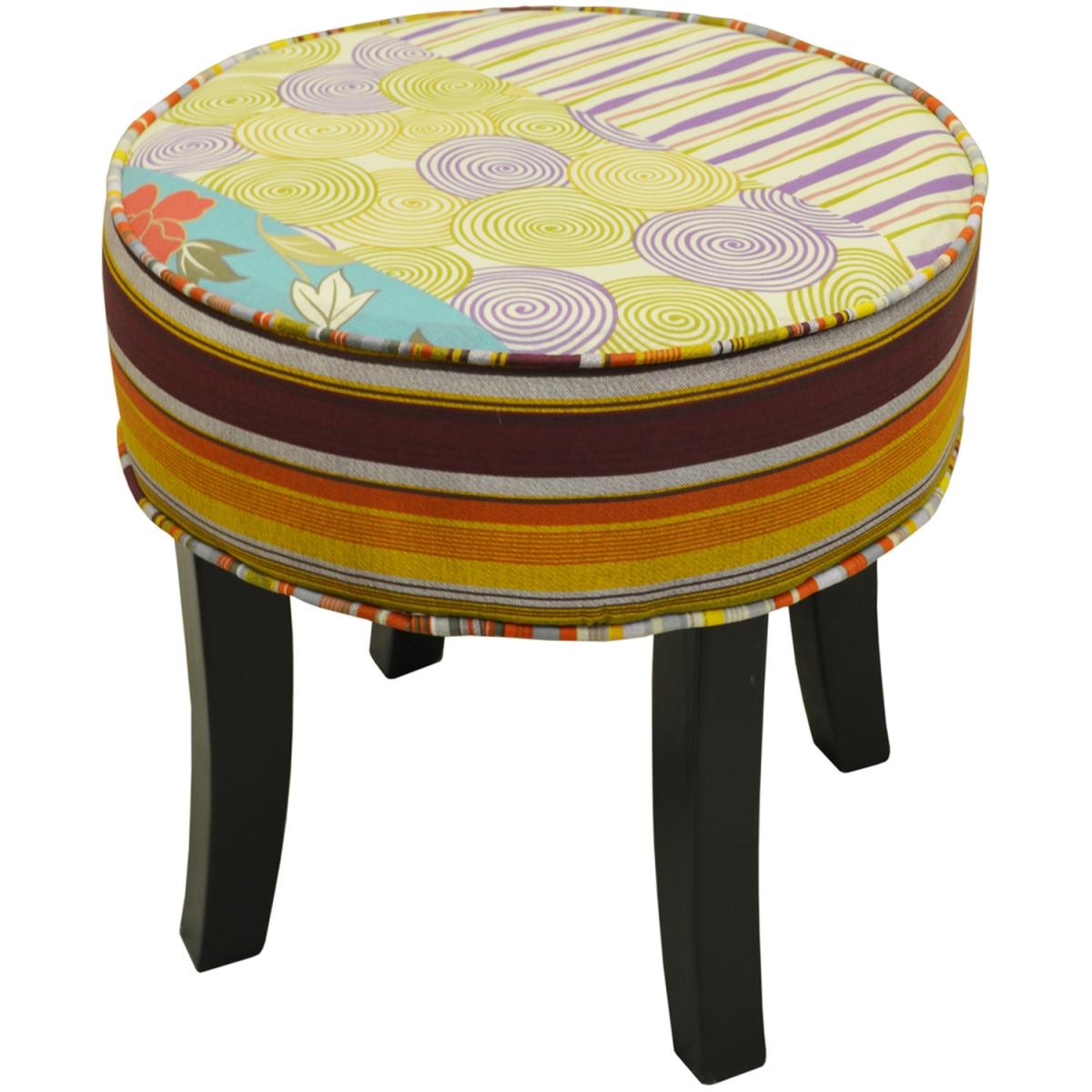Shabby Chic Round Pouffe Padded Stool Wood Legs - Multi-coloured - Black / Multi-coloured – image 2