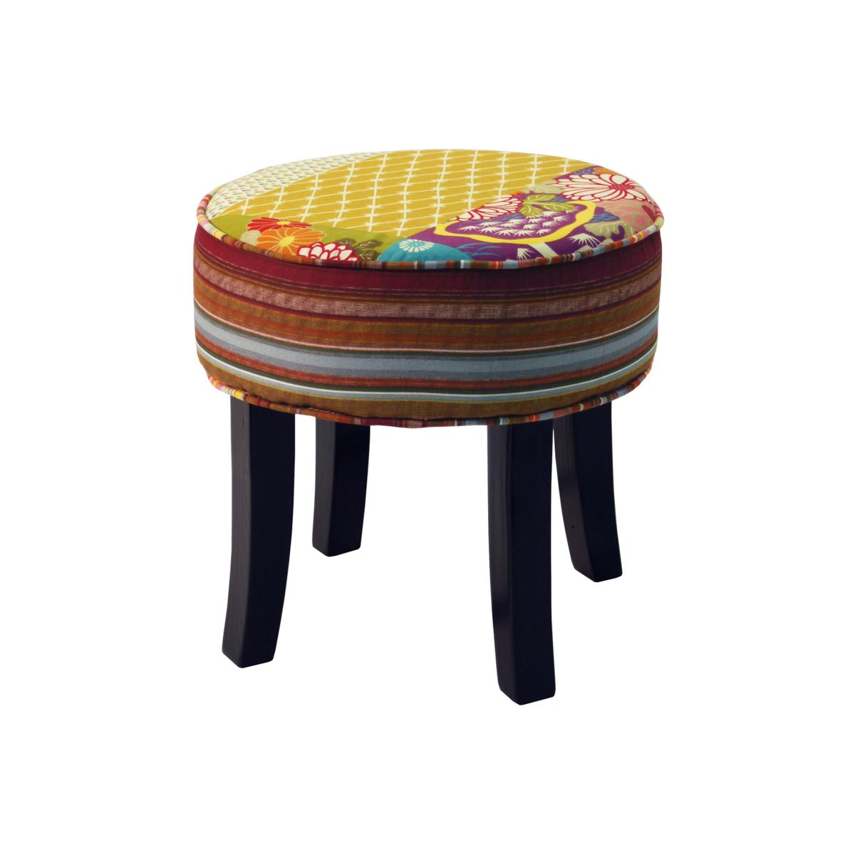 Shabby Chic Round Pouffe Padded Stool Wood Legs - Multi-coloured - Black / Multi-coloured – image 1