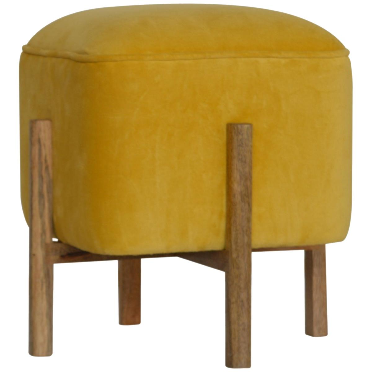 Modern Hand Crafted Mustard Velvet Footstool with Solid Wood Legs - Yellow – image 2