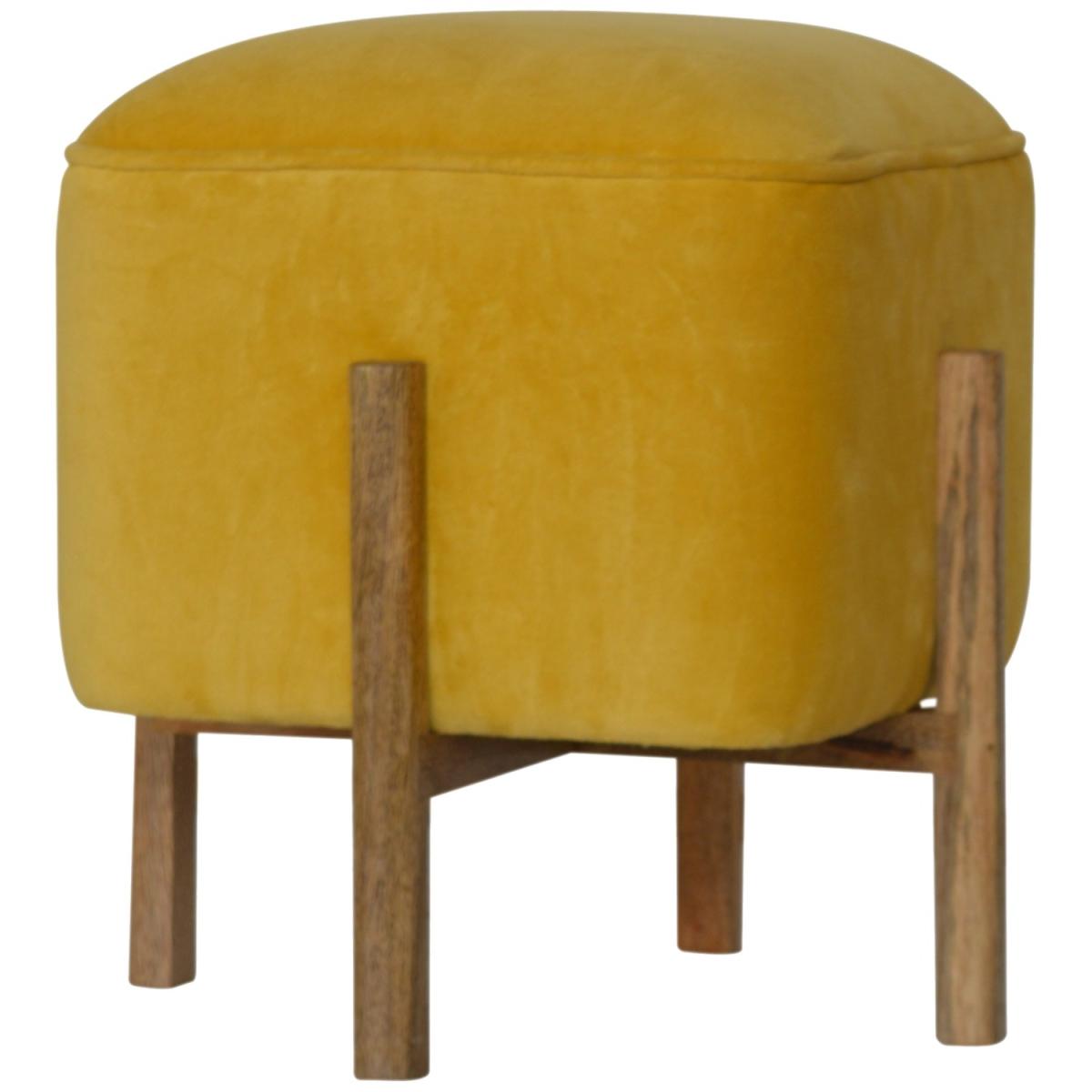 Modern Hand Crafted Mustard Velvet Footstool with Solid Wood Legs - Yellow – image 3