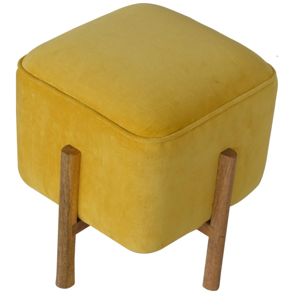 Modern Hand Crafted Mustard Velvet Footstool with Solid Wood Legs - Yellow – image 4