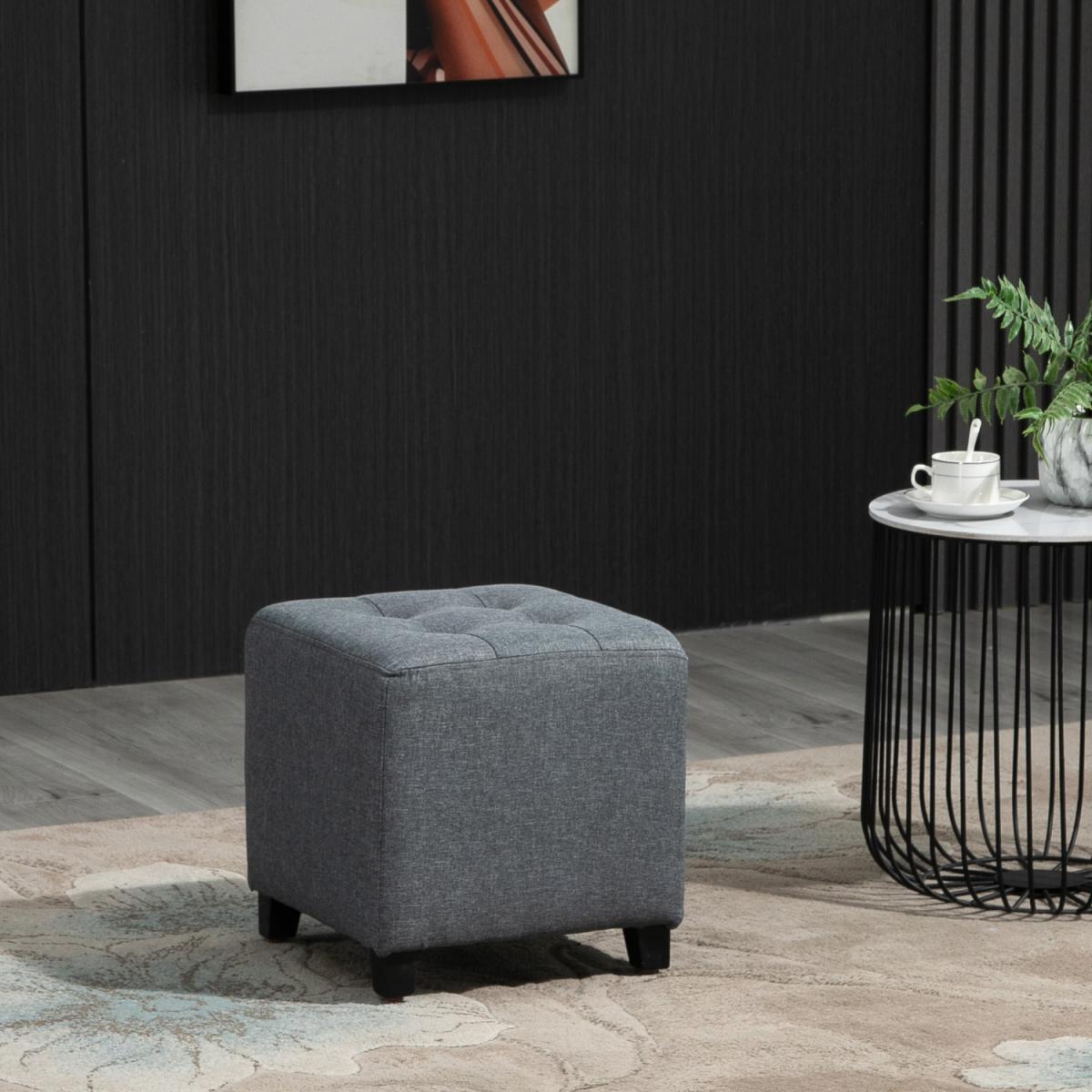 Linen Look Square Ottoman Footstool with Button Tufts - Brown – image 2