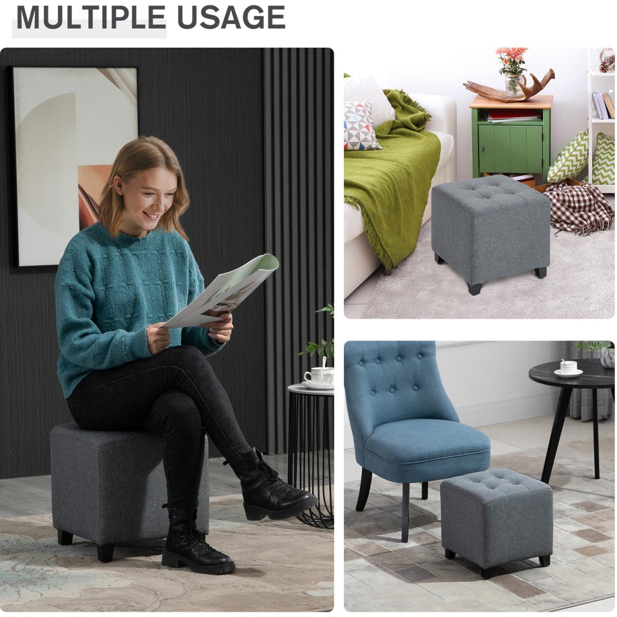 Linen Look Square Ottoman Footstool with Button Tufts - Brown – image 4