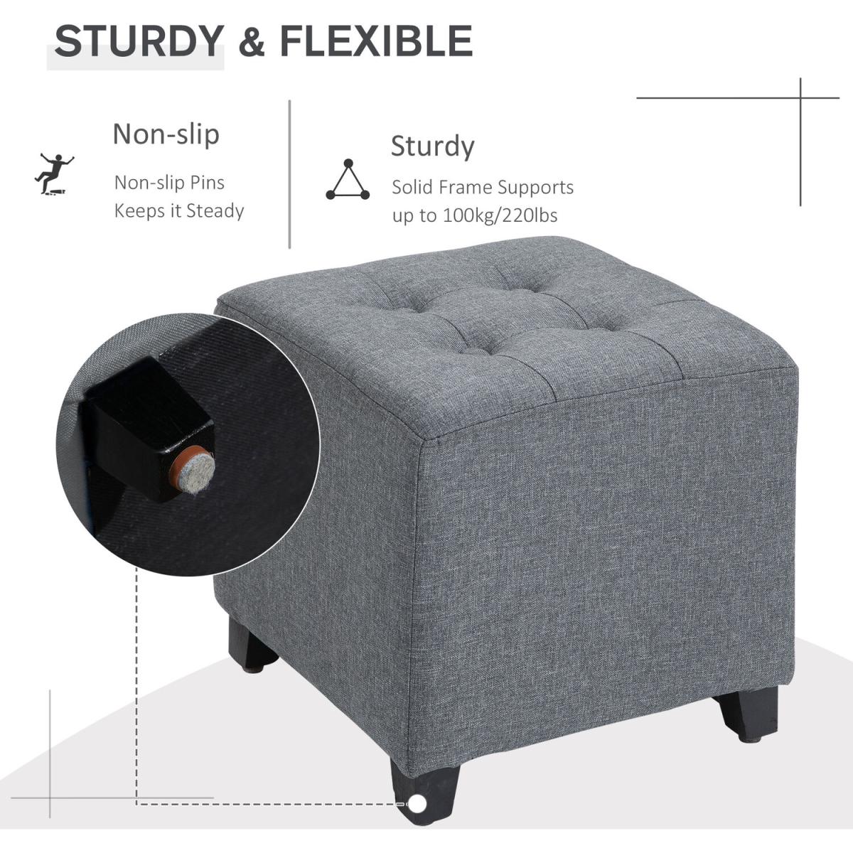 Linen Look Square Ottoman Footstool with Button Tufts - Brown – image 5