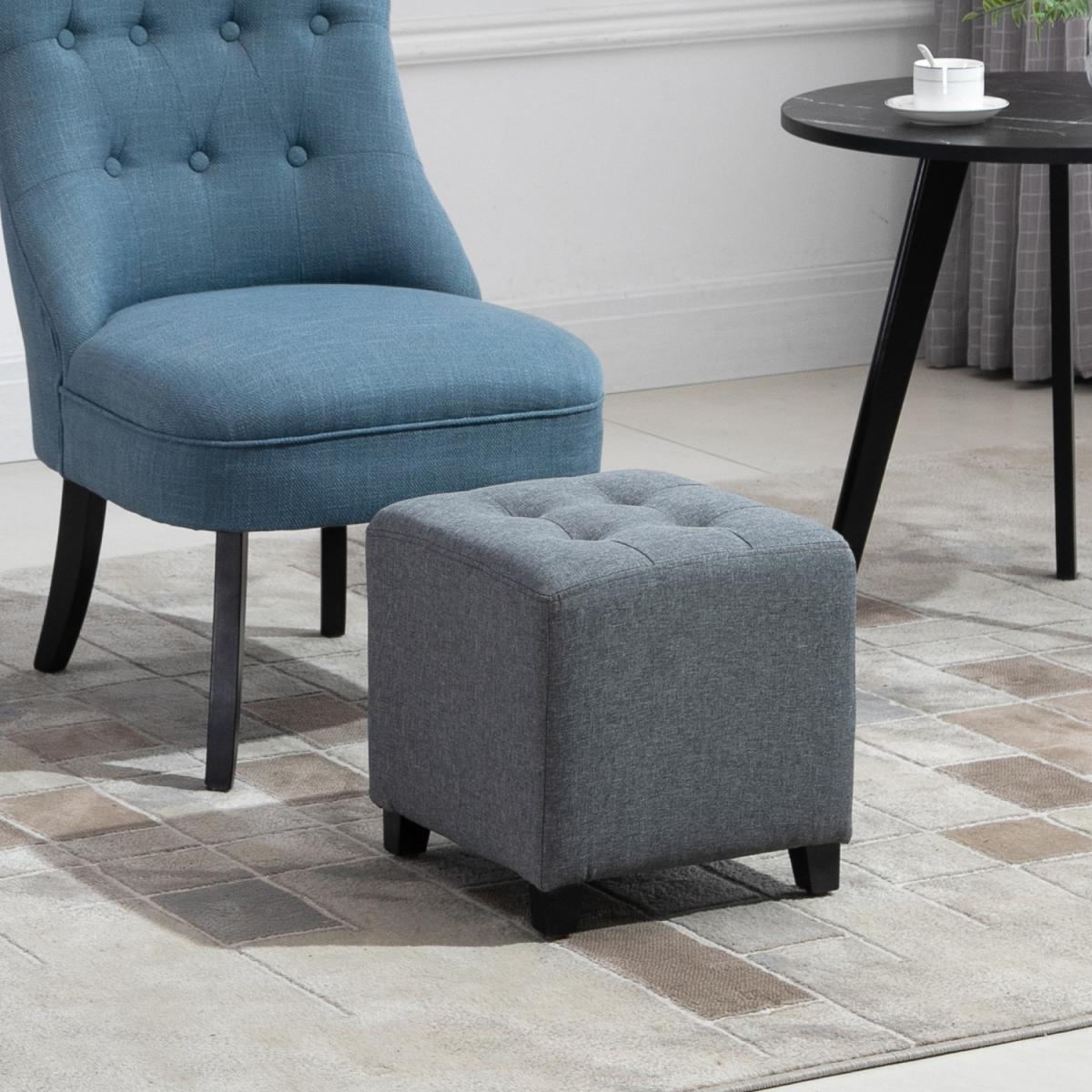 Linen Look Square Ottoman Footstool with Button Tufts - Brown – image 7