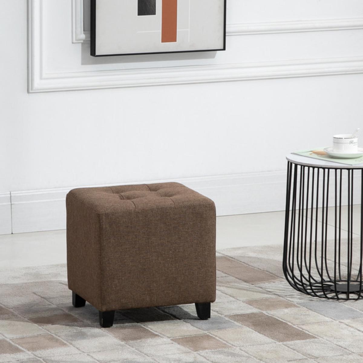 Linen Look Square Ottoman Footstool with Button Tufts - Brown – image 1