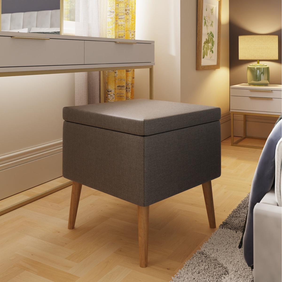 Ottoman Storage Footstool Linen with Wooden Legs - Linen Grey
