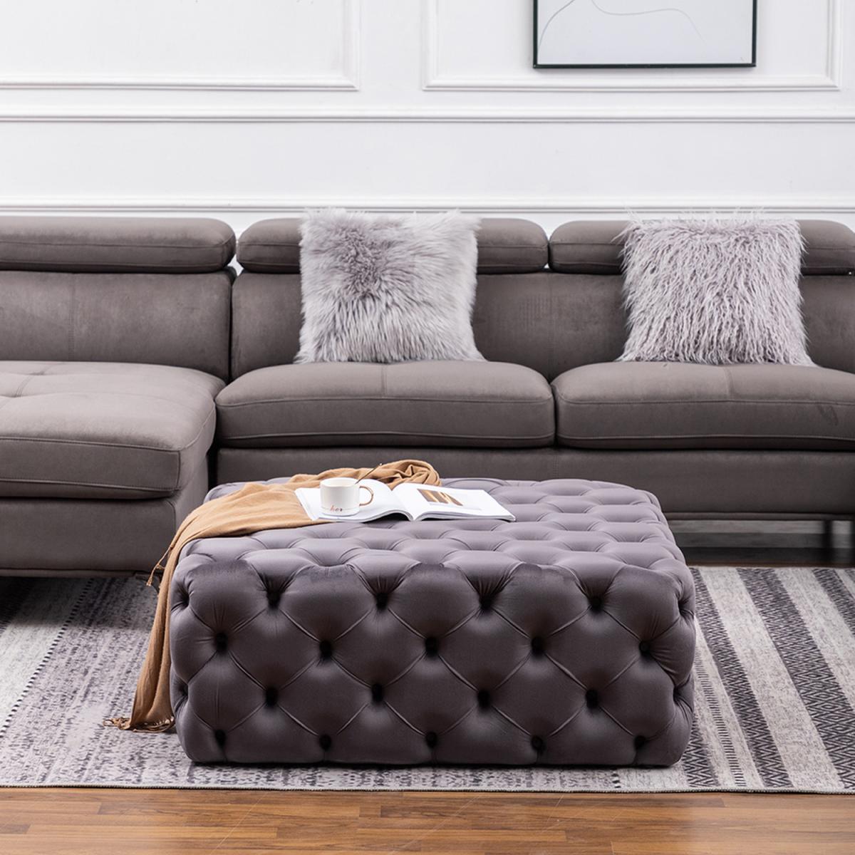Square Faux Velvet Sofa Footstool - Grey / 100cm – image 2