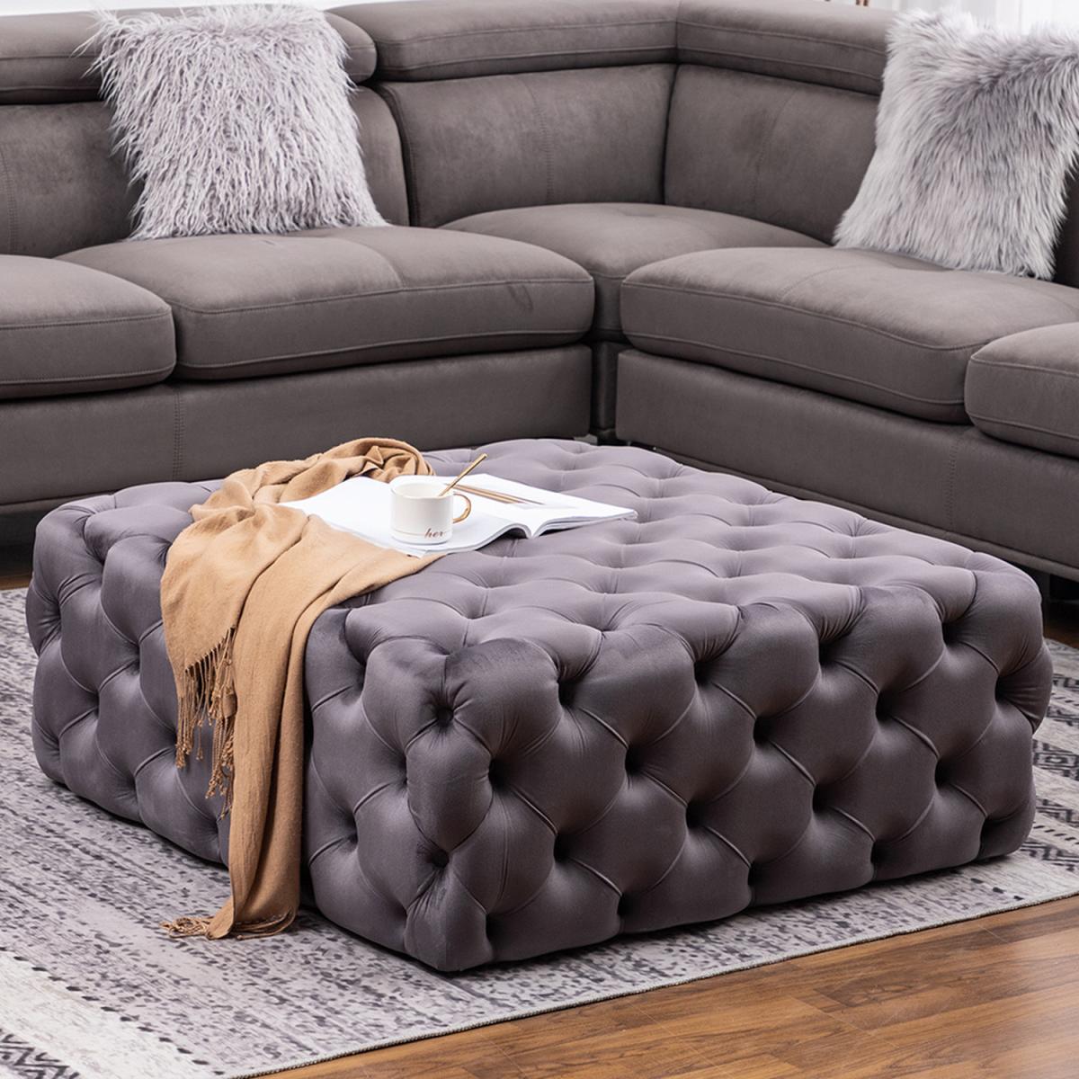 Square Faux Velvet Sofa Footstool - Grey / 100cm – image 1