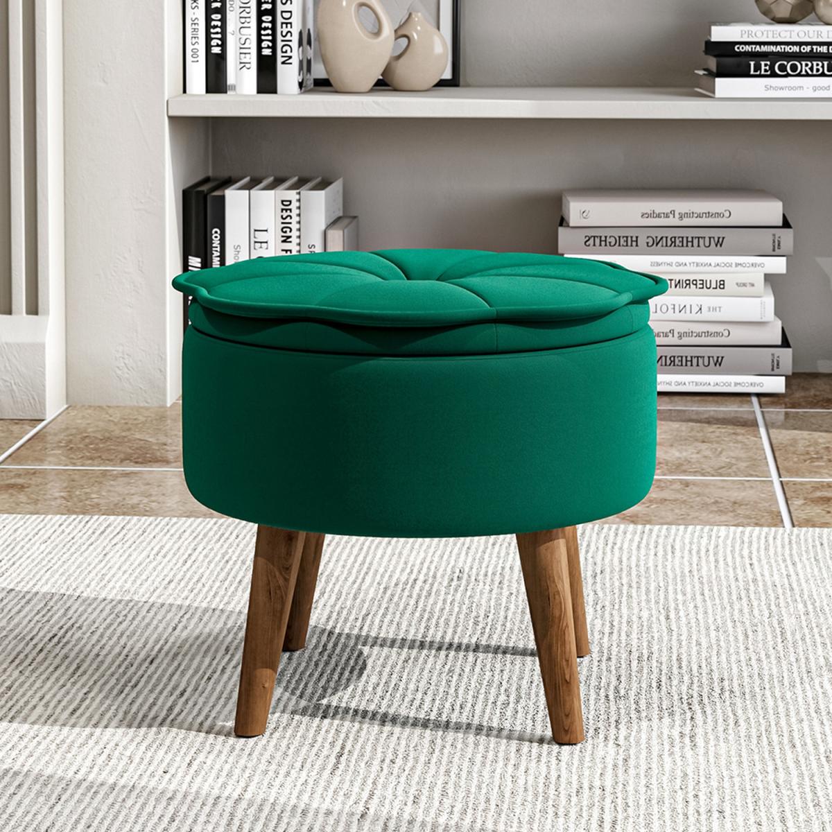 Round Tufted Storage Ottoman Foot Rest Vanity Seat With Petaloid Lid Green - Green – image 2