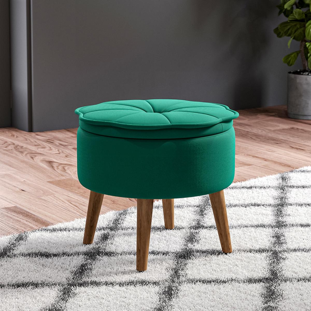 Round Tufted Storage Ottoman Foot Rest Vanity Seat With Petaloid Lid Green - Green – image 1