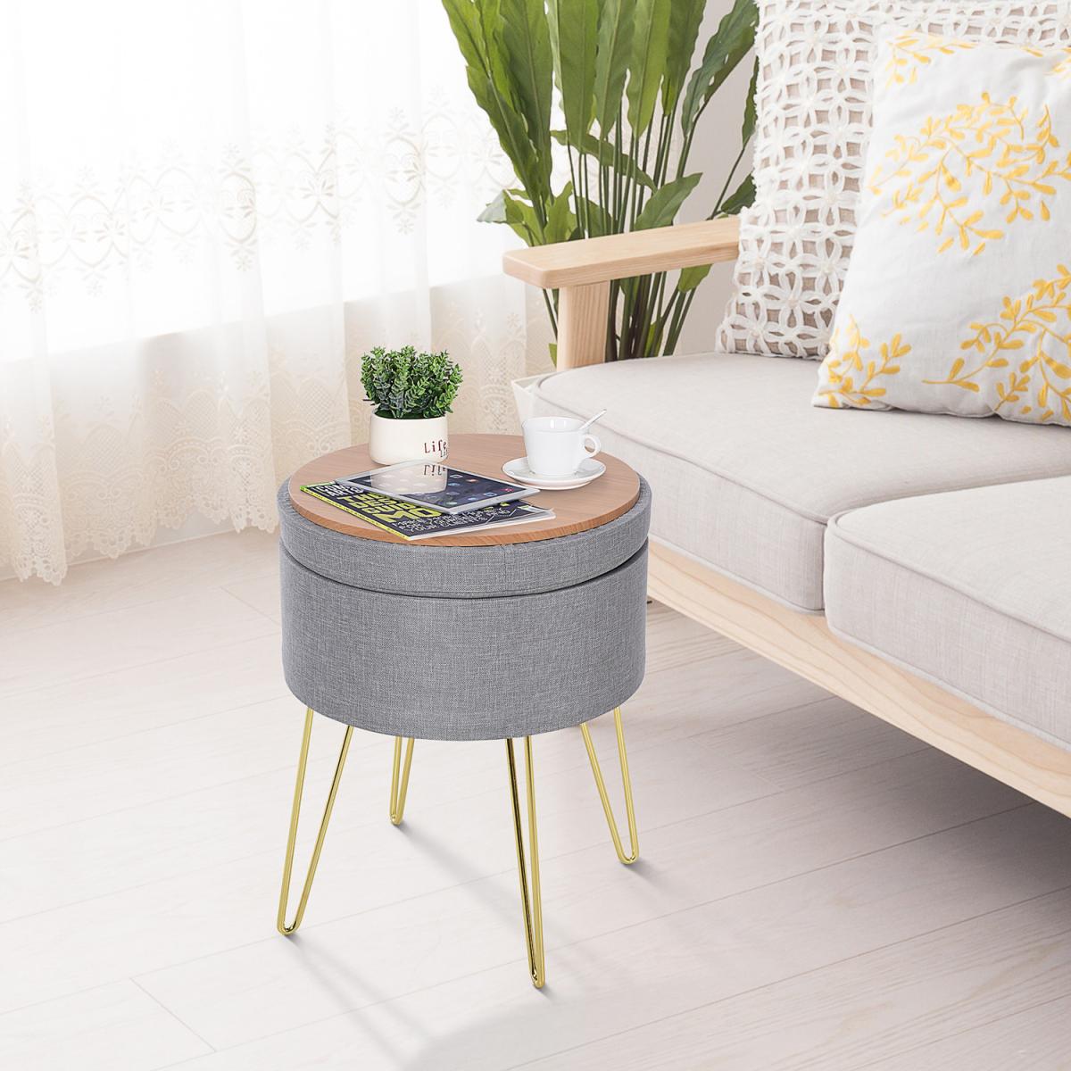 Round Linen Look Storage Ottoman Footstool - Grey – image 11