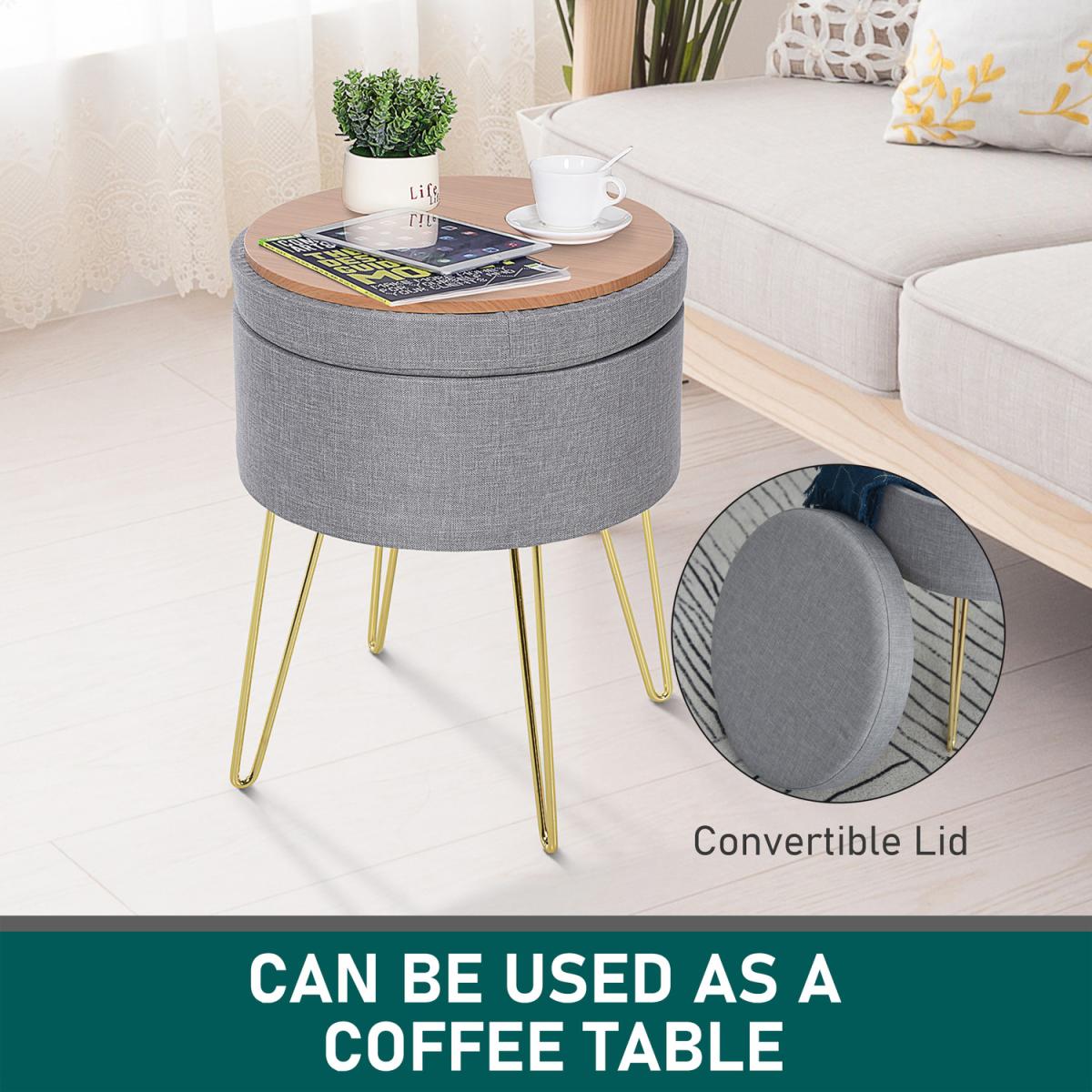 Round Linen Look Storage Ottoman Footstool - Grey – image 4