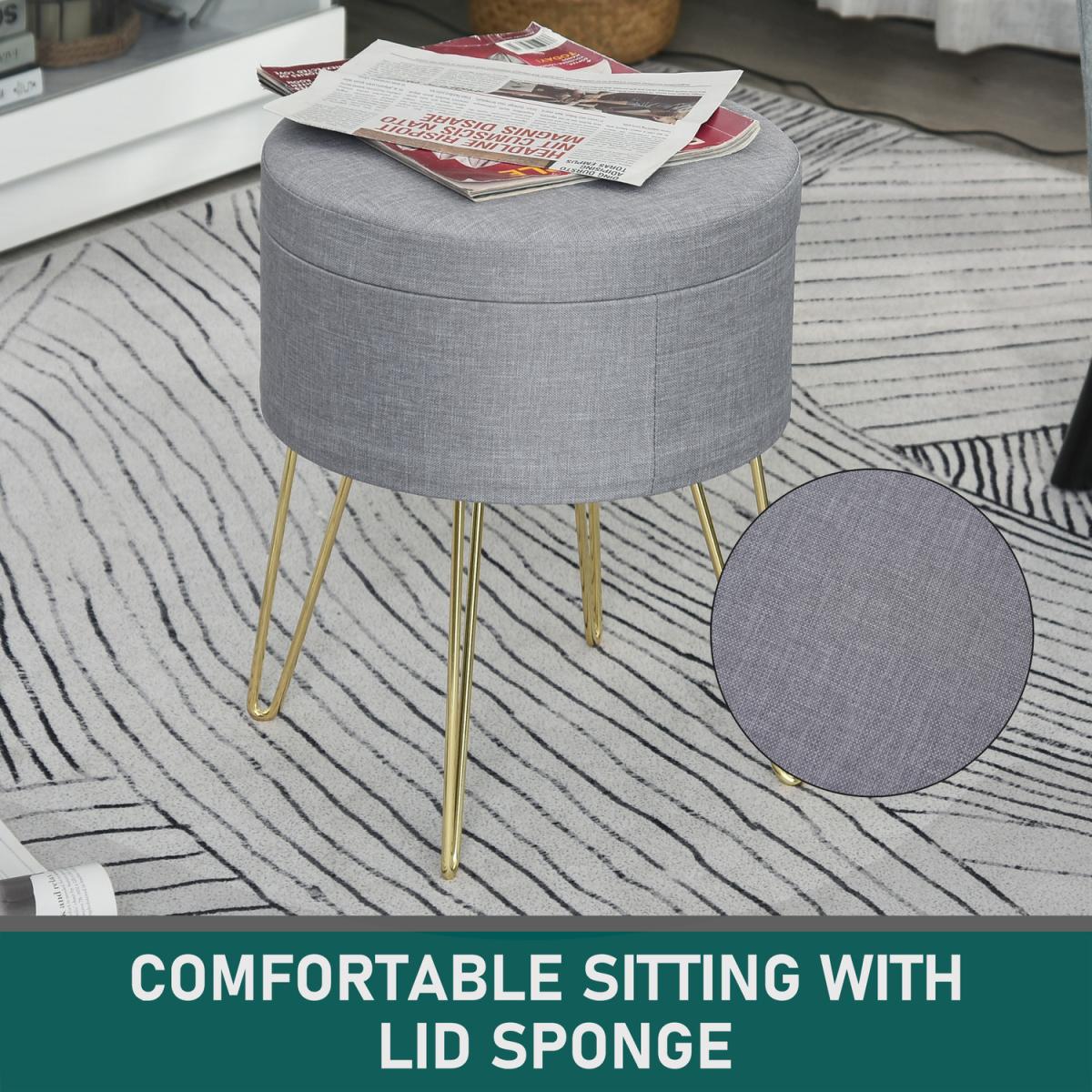 Round Linen Look Storage Ottoman Footstool - Grey – image 5