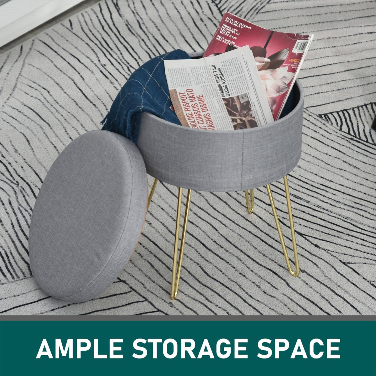 Round Linen Look Storage Ottoman Footstool - Grey – image 6