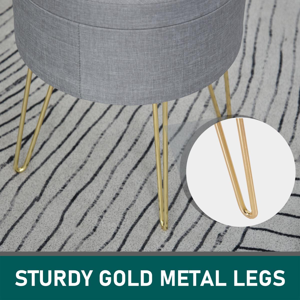 Round Linen Look Storage Ottoman Footstool - Grey – image 7