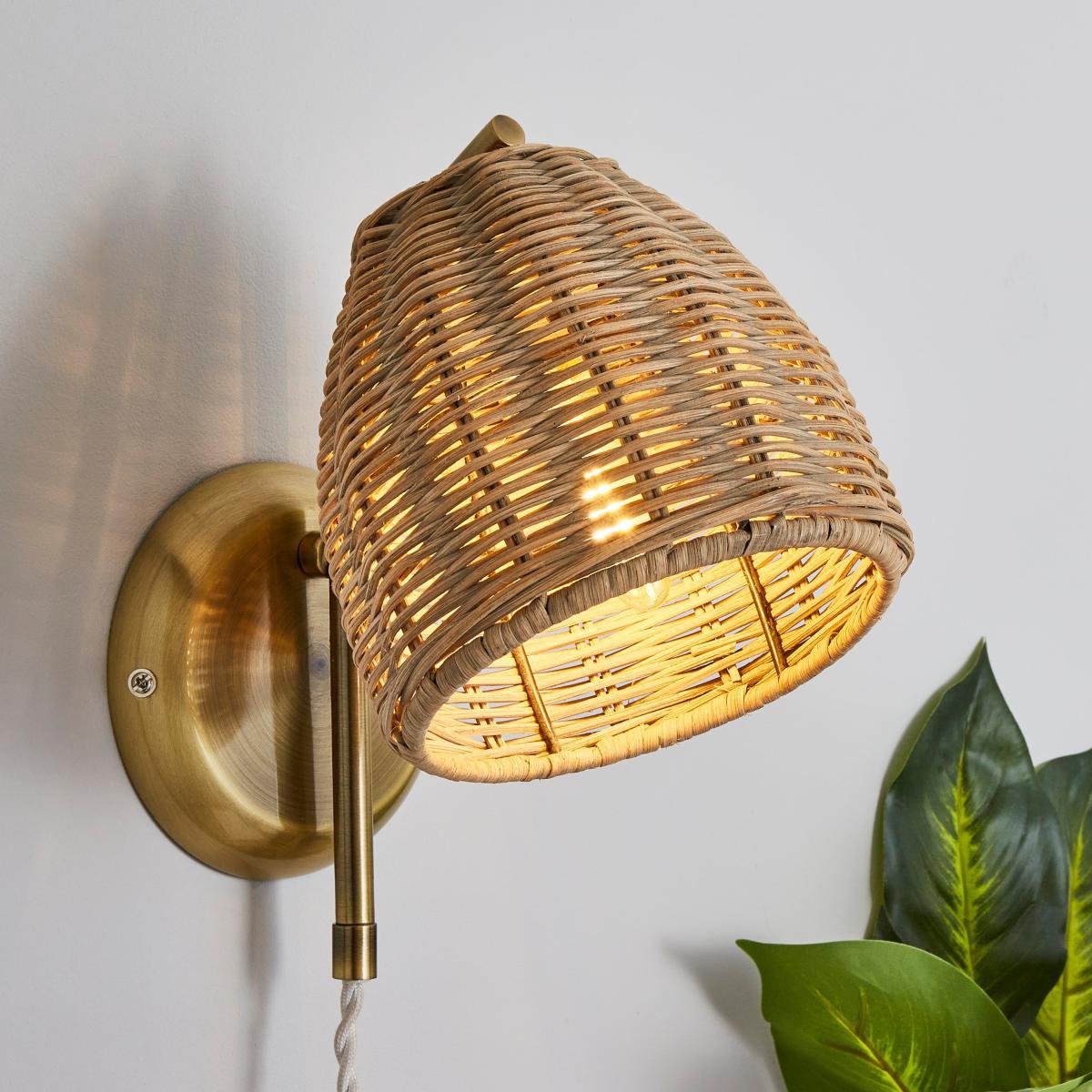Churchgate Cotes Rattan Plug In Wall Light Brass – image 1