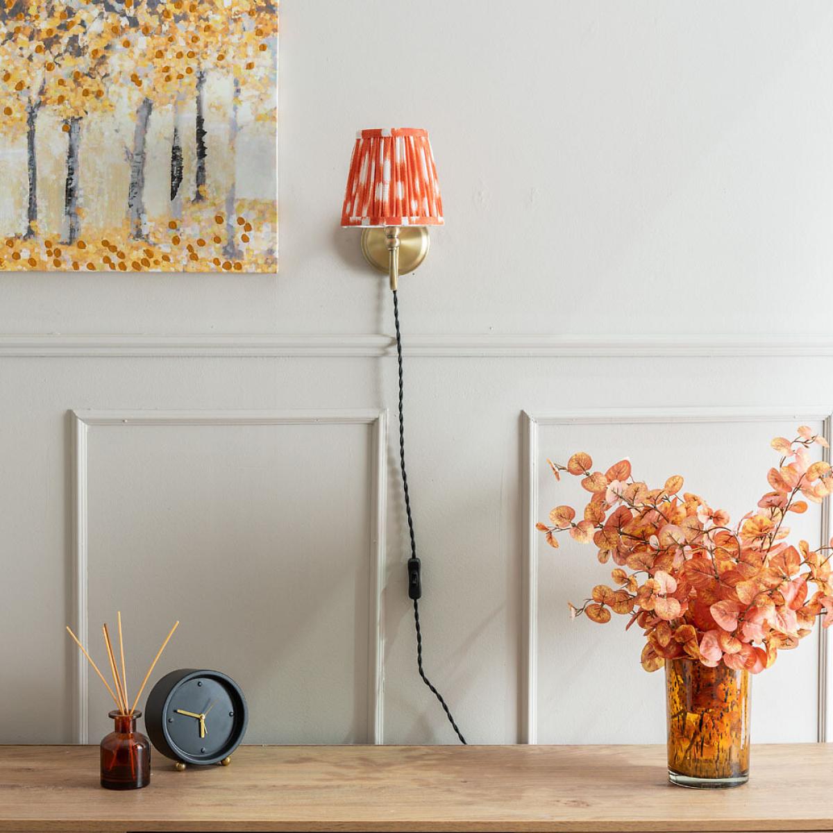 Antique Brass Plug In Wall Light with Gathered Shade – image 2