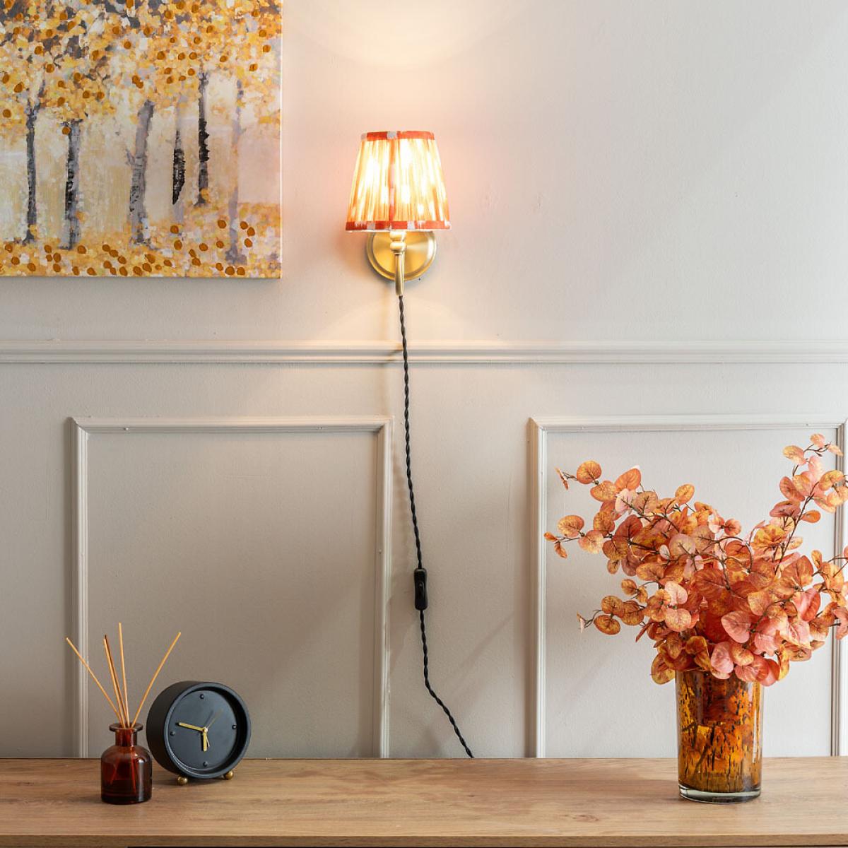 Antique Brass Plug In Wall Light with Gathered Shade – image 4