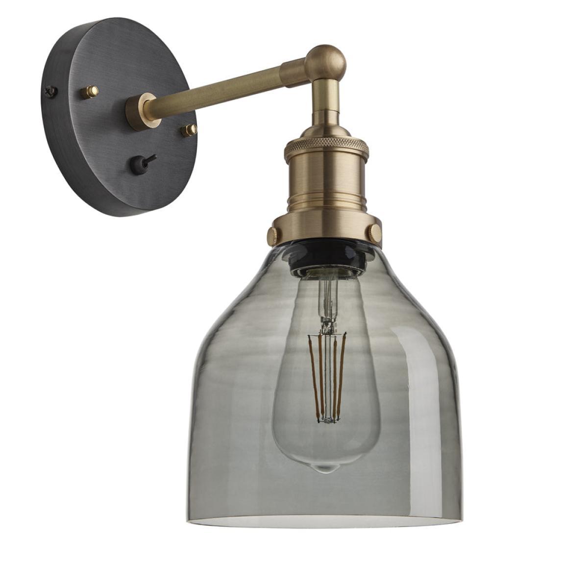 Industville Brooklyn 6 Inch Cone Wall Light / Smoke Grey Tinted Glass and Brass Holder – image 2