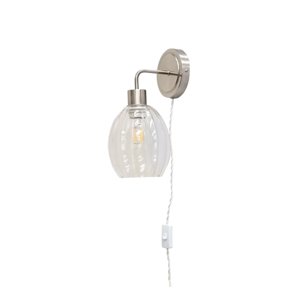 Toby Satin Nickel Plug In Wall Light With Birch Fluted Glass Shade - Satin Nickel & Clear – image 1
