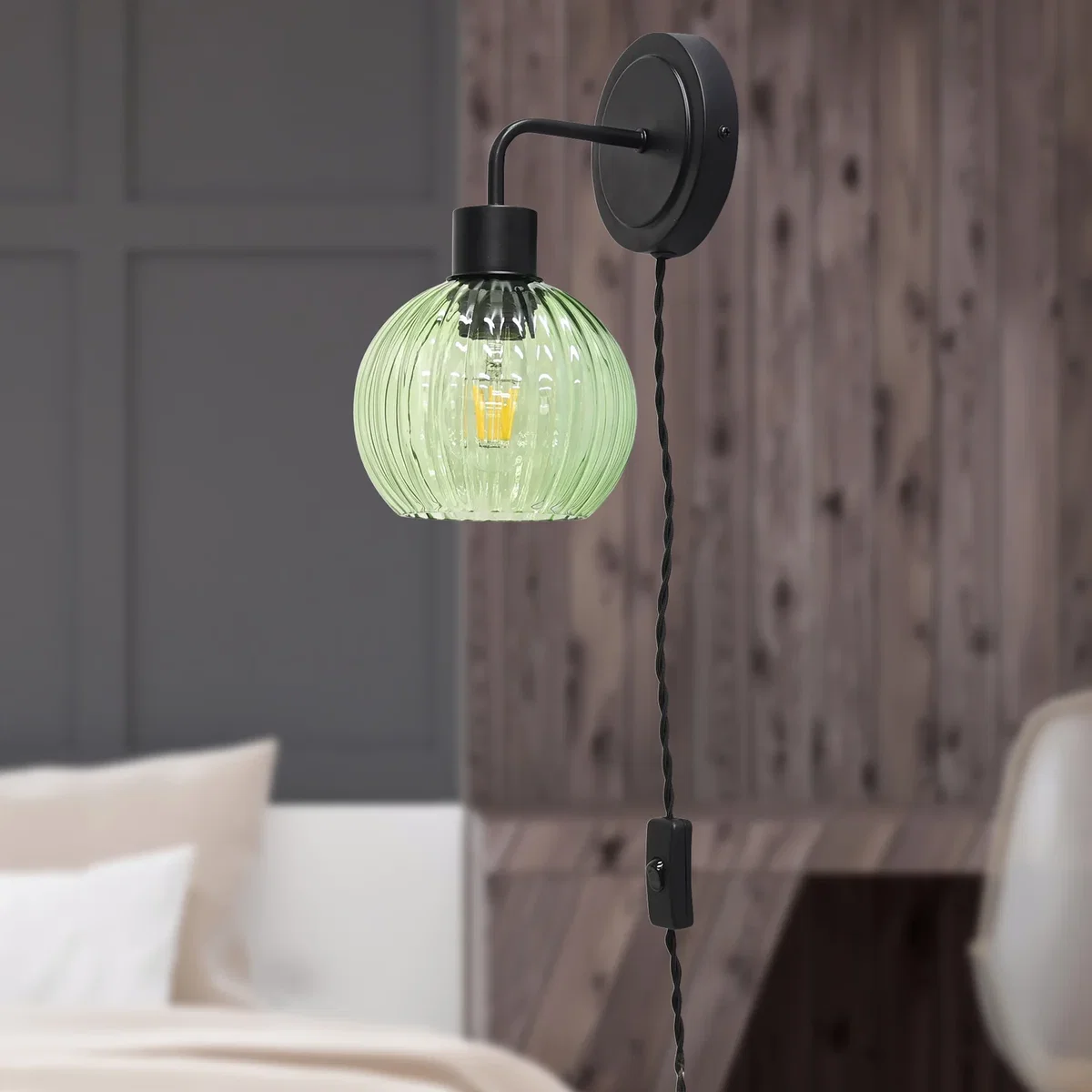 Set Of 2 Toby Black Plug In Wall Lights Green Ribbed Shades - Black & Green – image 3