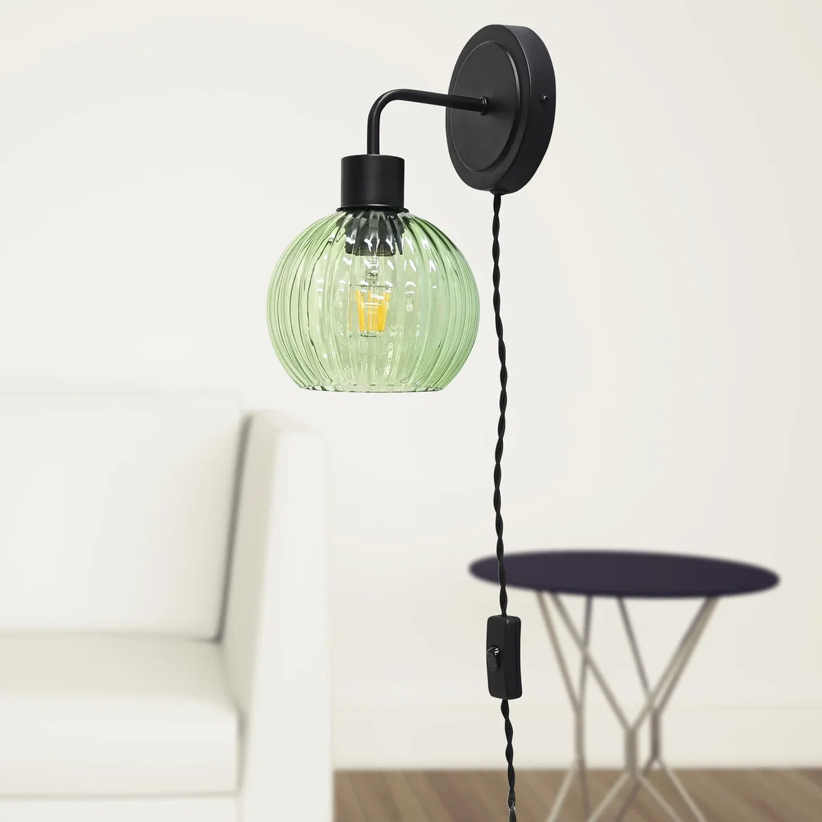 Set Of 2 Toby Black Plug In Wall Lights Green Ribbed Shades - Black & Green – image 4