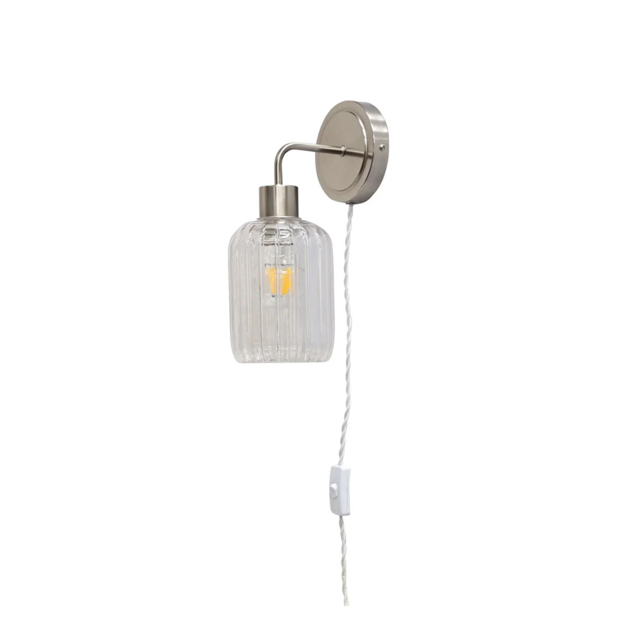 Toby Satin Nickel Plug In Wall Light With Lozenge Ribbed Glass Shade - Satin Nickel & Clear – image 1