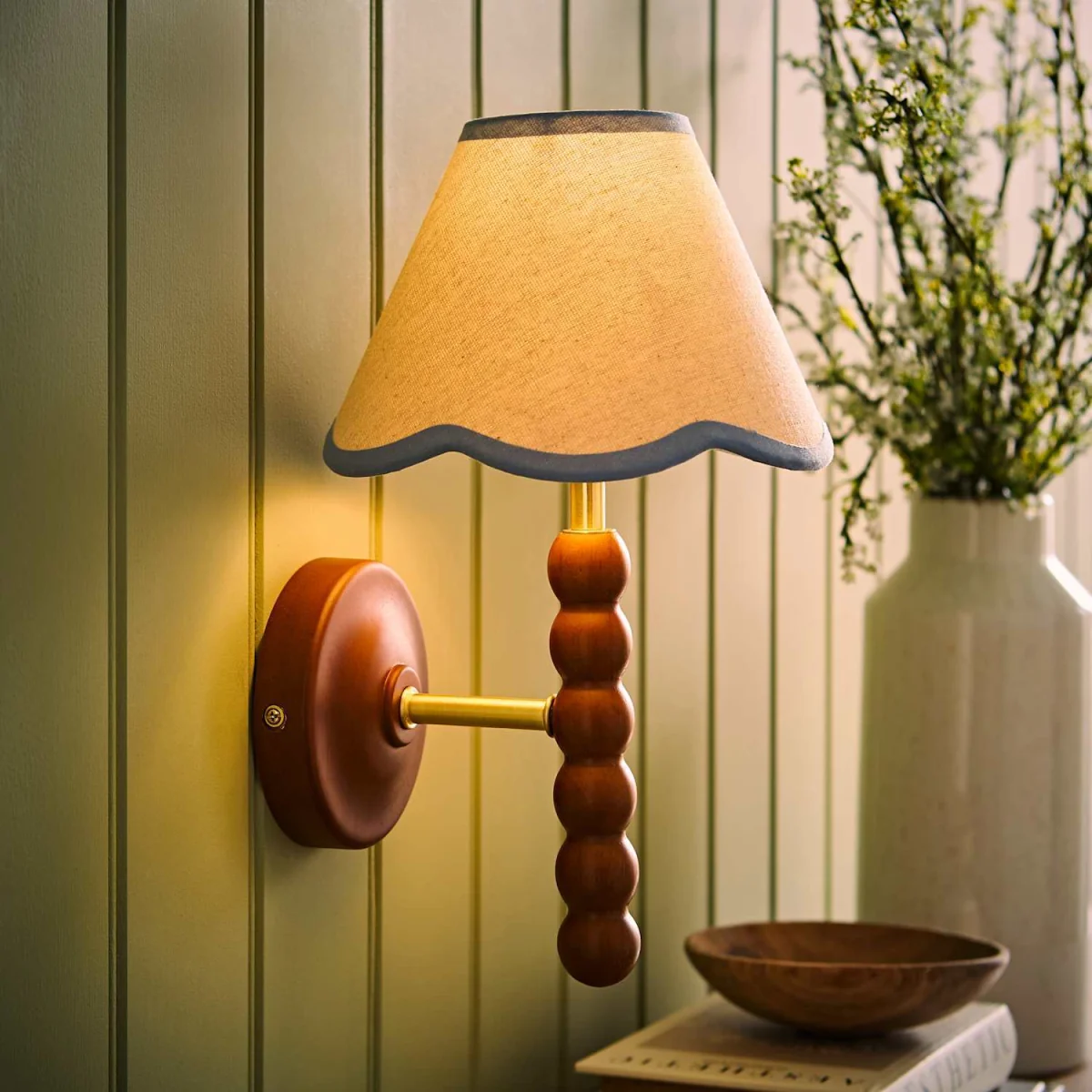 Bobbin Walnut Wall Light with Trim Scallop Shade - Powder Blue / 19cm – image 2