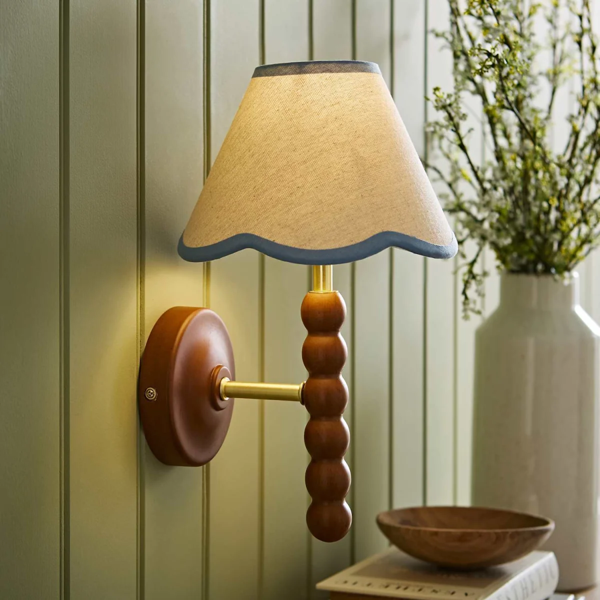 Bobbin Walnut Wall Light with Trim Scallop Shade - Powder Blue / 19cm – image 3