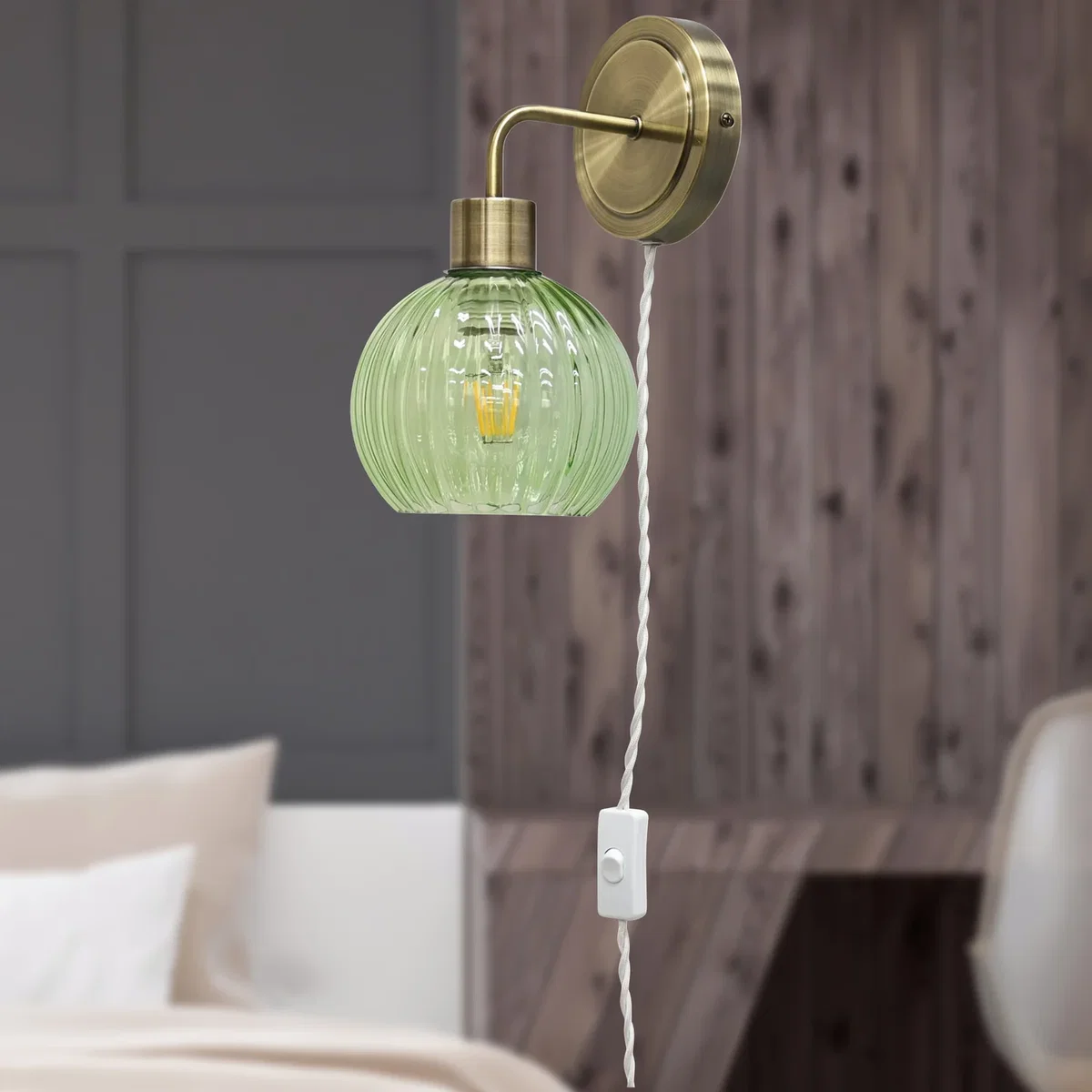 Set Of 2 Toby Antique Brass Plug In Wall Lights Green Globe Shades - Antique Brass & Green – image 3