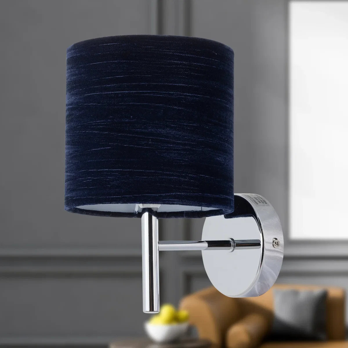 Brea Chrome Wall Light With Navy Blue Crushed Velvet Shade - Chrome & Blue – image 4