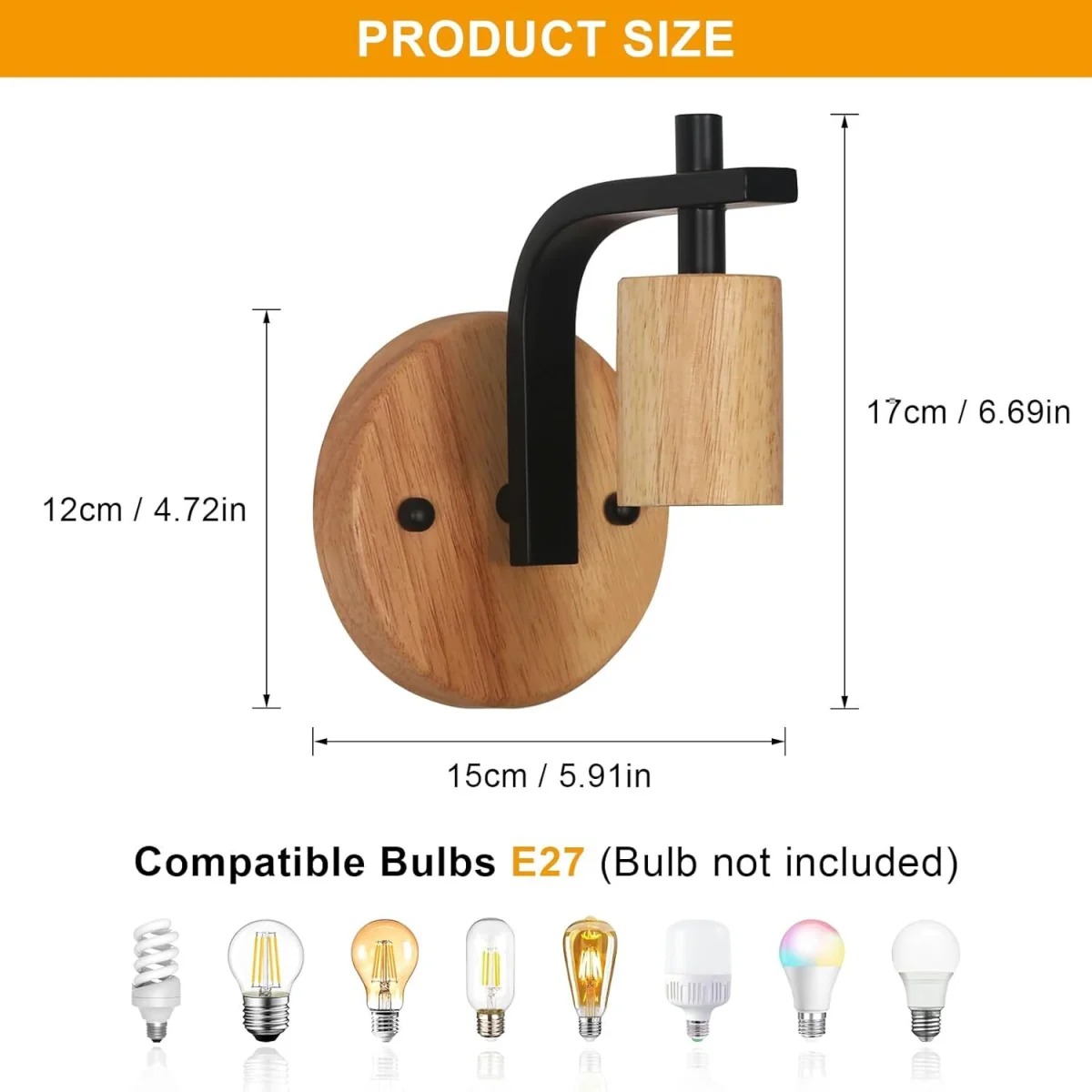 GOECO E27 2-Piece Vintage Interior Wall Lamp Wood and Metal Black - Black – image 2