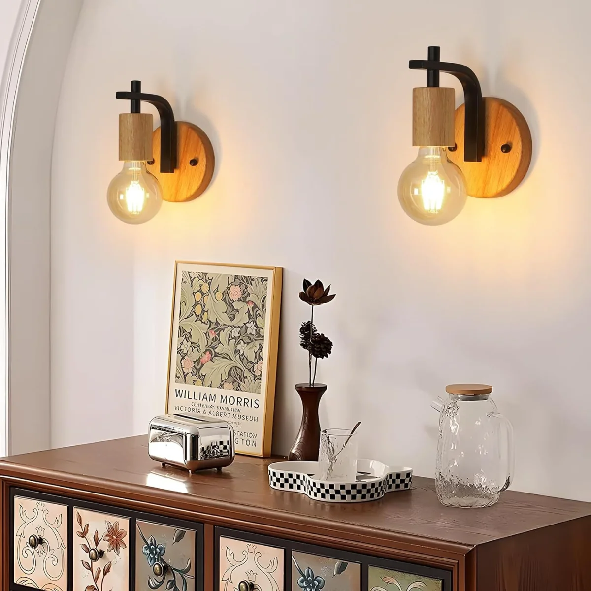 GOECO E27 2-Piece Vintage Interior Wall Lamp Wood and Metal Black - Black – image 3