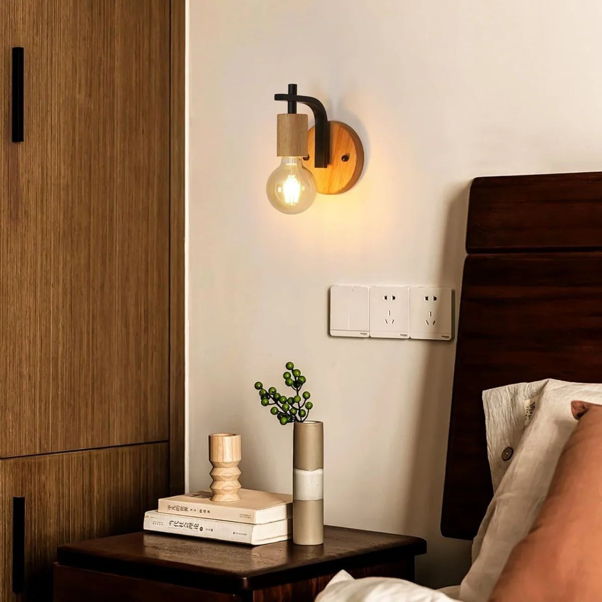 GOECO E27 2-Piece Vintage Interior Wall Lamp Wood and Metal Black - Black – image 4