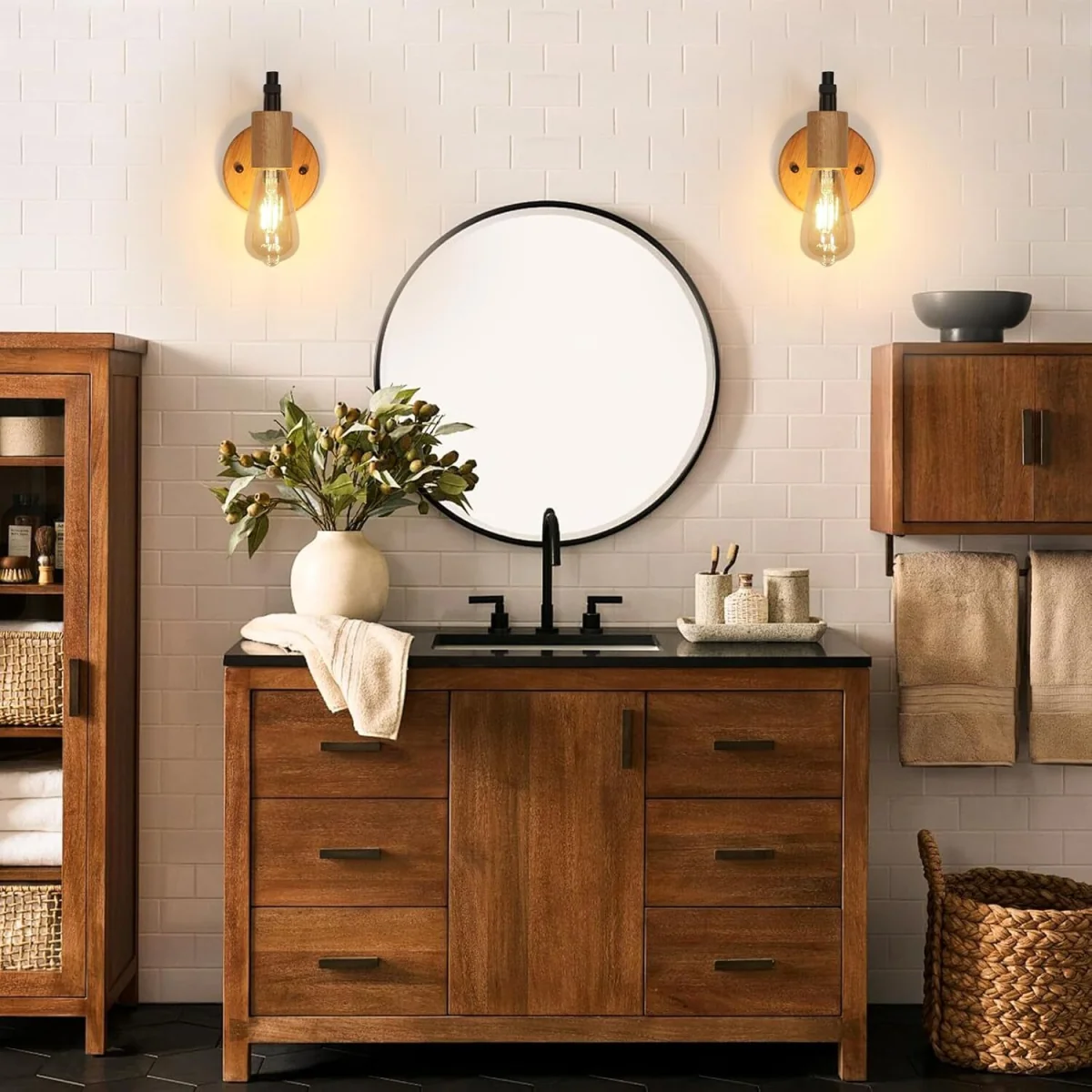 GOECO E27 2-Piece Vintage Interior Wall Lamp Wood and Metal Black - Black – image 5