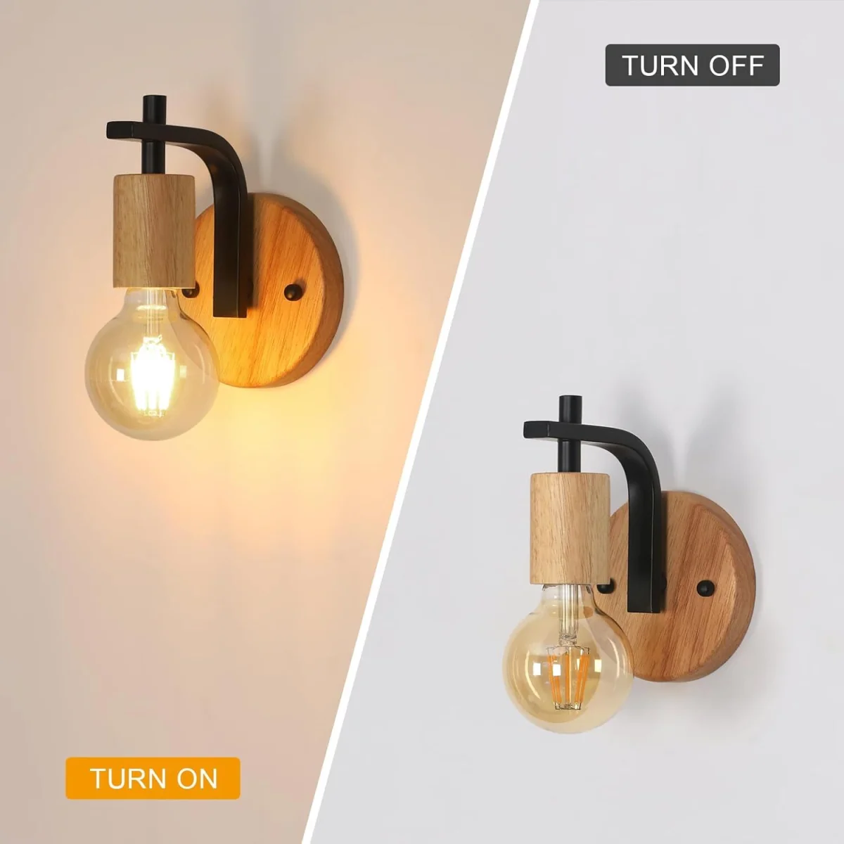 GOECO E27 2-Piece Vintage Interior Wall Lamp Wood and Metal Black - Black – image 7
