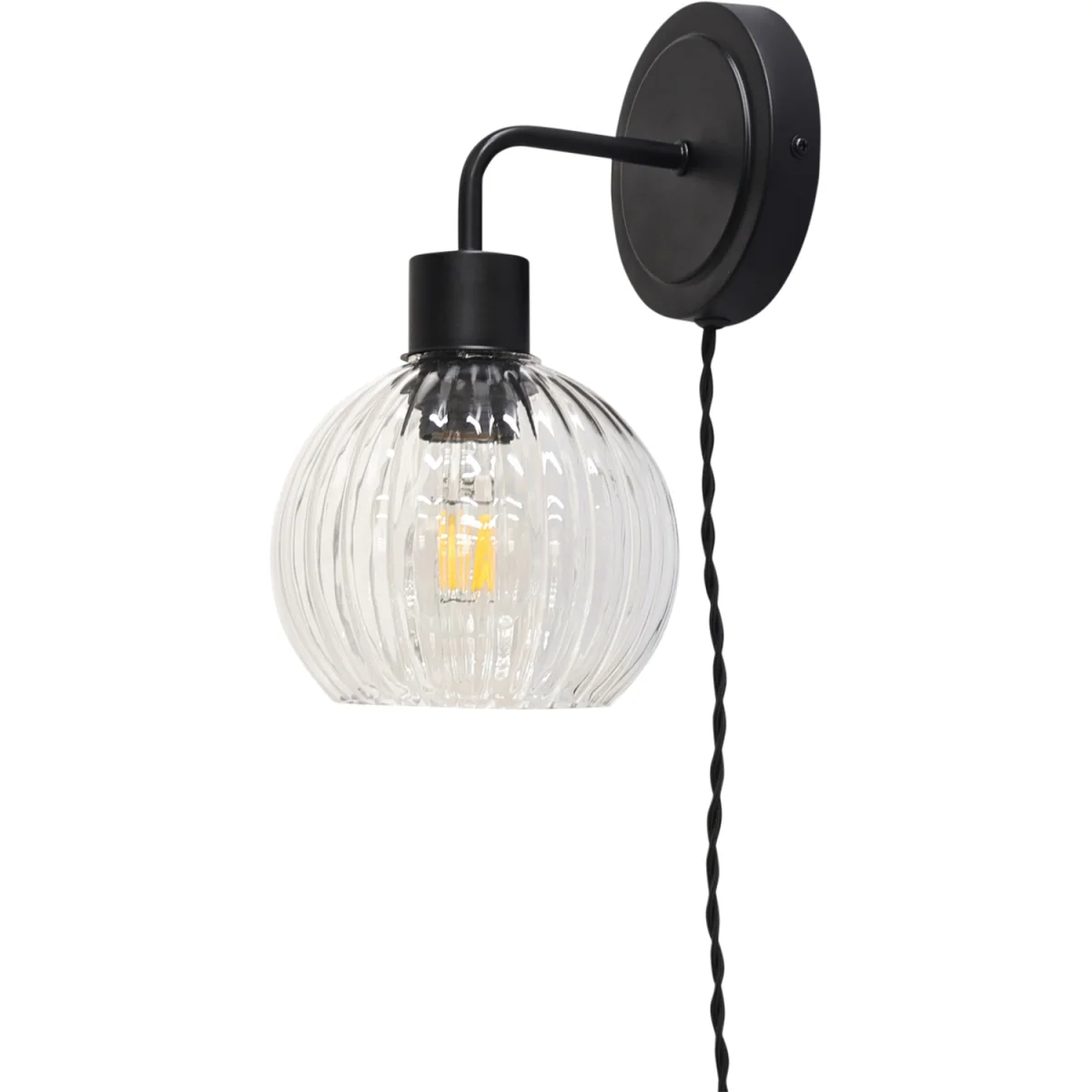 Toby Black Plug In Wall Light With Betchley Clear Ribbed Shade - Black & Clear – image 2
