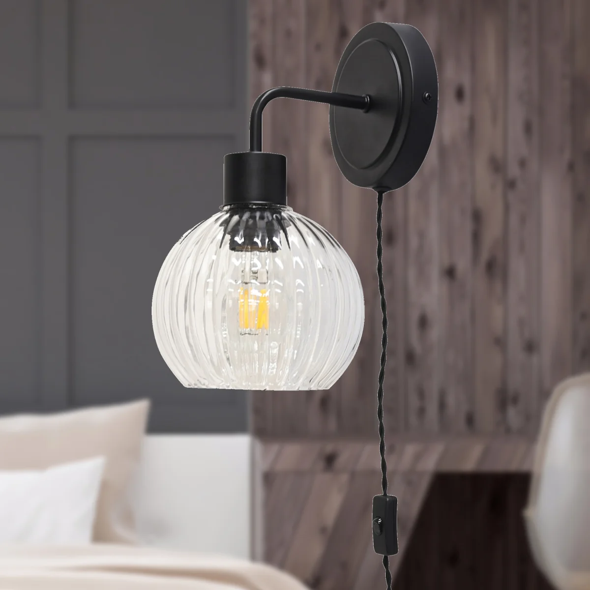 Toby Black Plug In Wall Light With Betchley Clear Ribbed Shade - Black & Clear – image 3