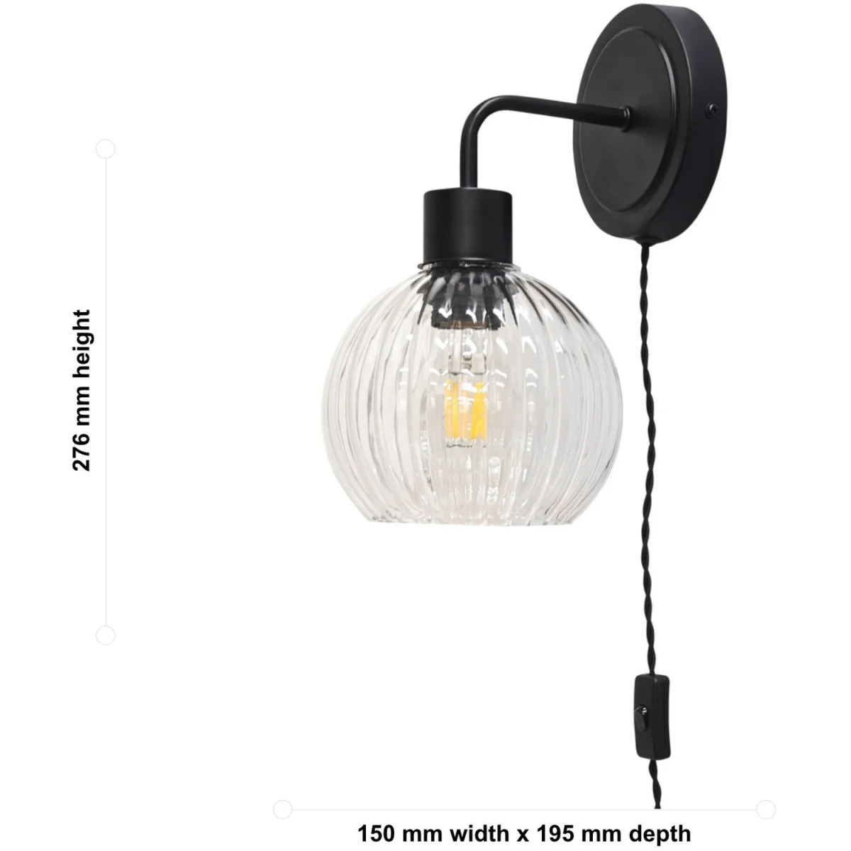 Toby Black Plug In Wall Light With Betchley Clear Ribbed Shade - Black & Clear – image 5