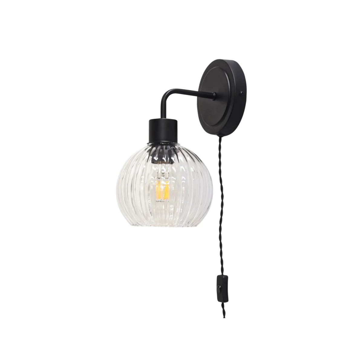 Toby Black Plug In Wall Light With Betchley Clear Ribbed Shade - Black & Clear – image 1