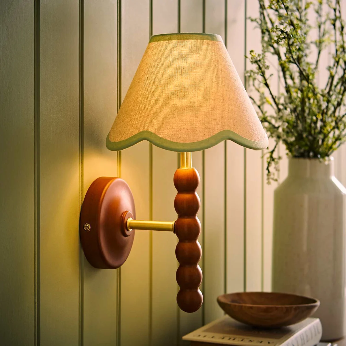 Bobbin Walnut Wall Light with Trim Scallop Shade - Sage Green / 11cm – image 3