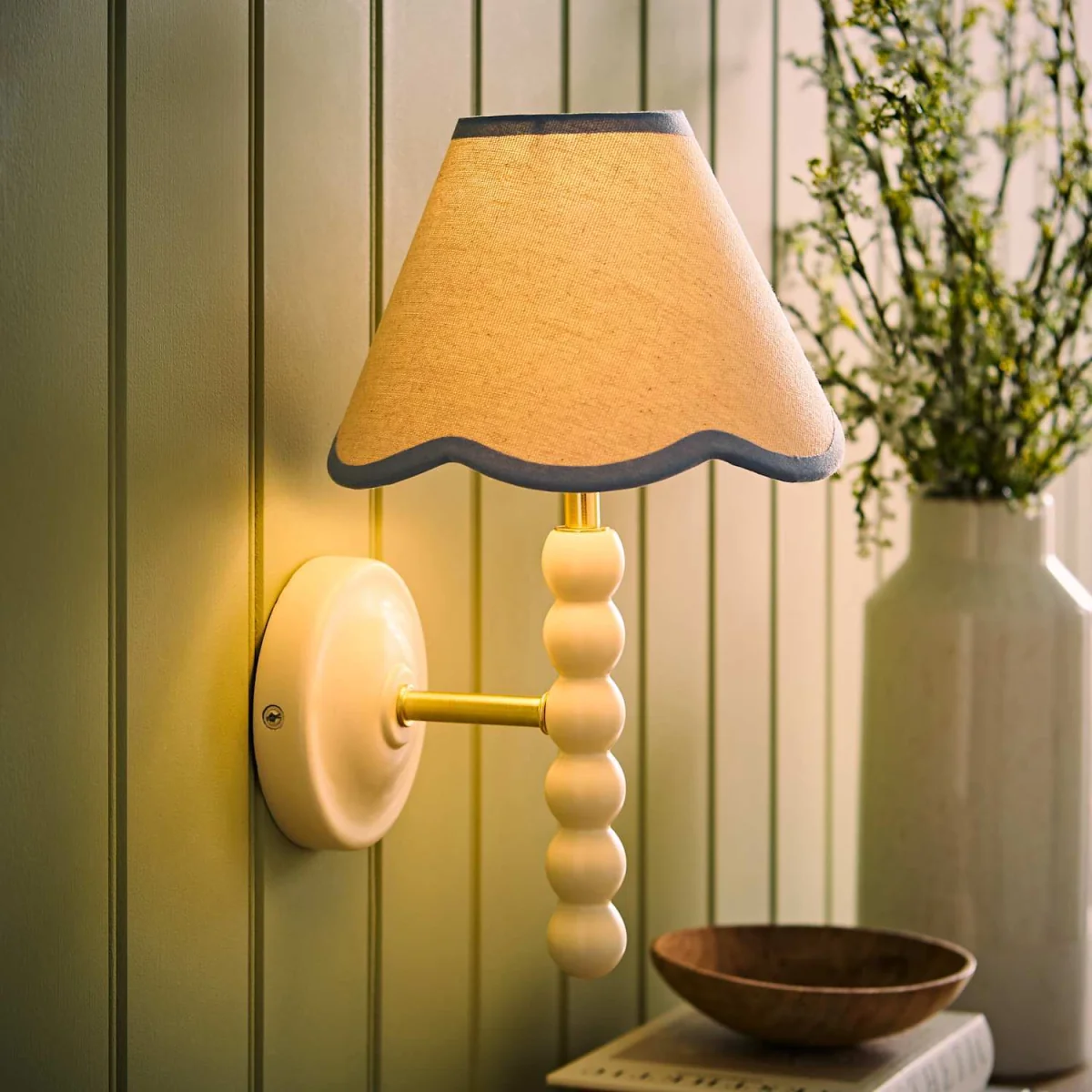 Bobbin Cream Wall Light with Trim Scallop Shade - Powder Blue / 19cm – image 2