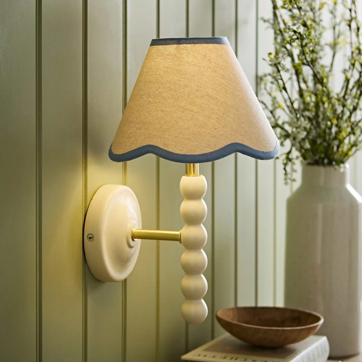 Bobbin Cream Wall Light with Trim Scallop Shade - Powder Blue / 19cm – image 3