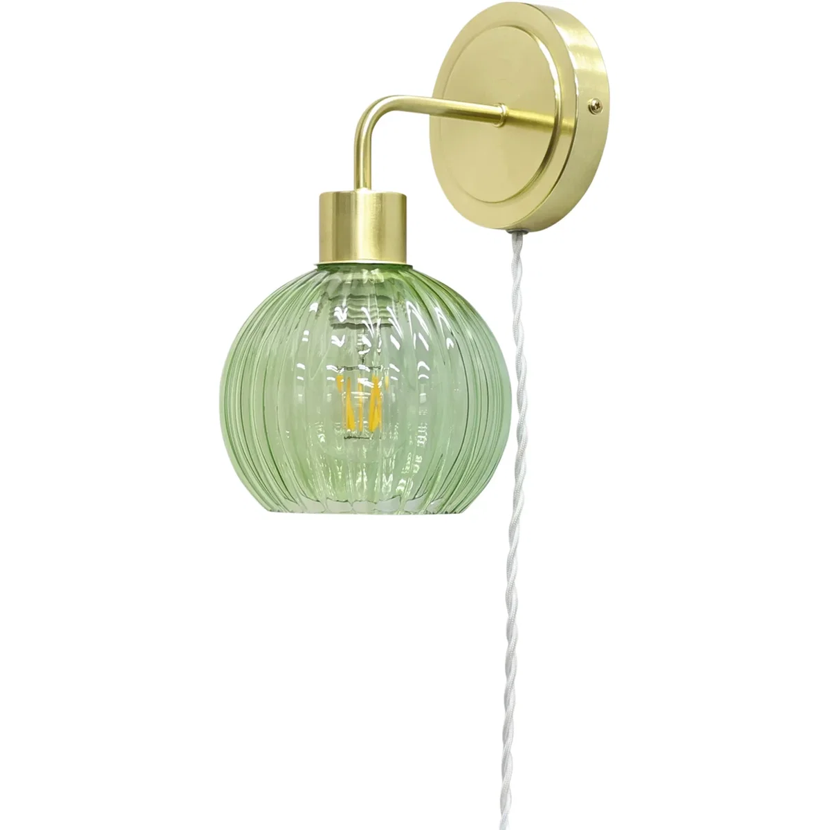 Toby Satin Brass Plug In Wall Light With Betchley Green Ribbed Shade - Satin Brass & Green – image 2