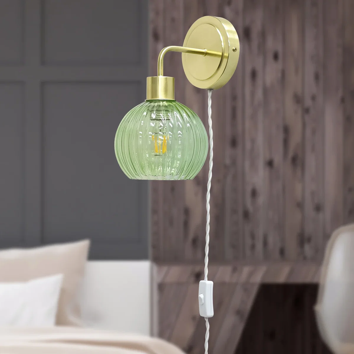 Toby Satin Brass Plug In Wall Light With Betchley Green Ribbed Shade - Satin Brass & Green – image 3
