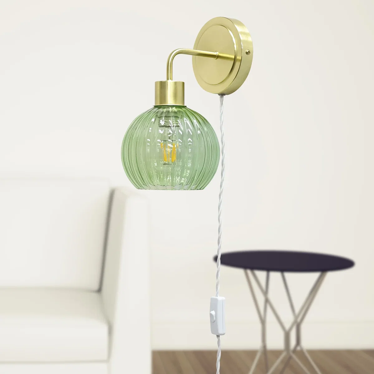 Toby Satin Brass Plug In Wall Light With Betchley Green Ribbed Shade - Satin Brass & Green – image 4