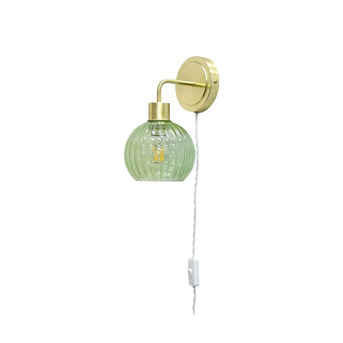 Toby Satin Brass Plug In Wall Light With Betchley Green Ribbed Shade - Satin Brass & Green – image 1